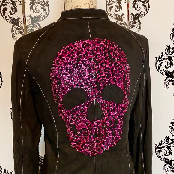 🍀 NWT! Faux Suede Bling Leopard Skull Jacket! - Picture 9 of 11